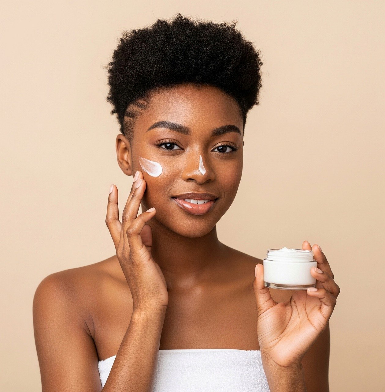 natural beauty image, female skincare, woman applying cream, beauty portrait, skincare routine, young woman face care, cosmetic application, skincare product use, beauty stock photo, self care portrait, healthy skin concept, skincare model, facial cream application, lifestyle beauty photo, skincare advertising image, woman with moisturizer, beauty treatment portrait, glowing skin stock, cosmetic skincare photo, wellness and beauty concept, skincare photography, lady applying lotion, skincare product promotion, portrait skincare image, ai generated